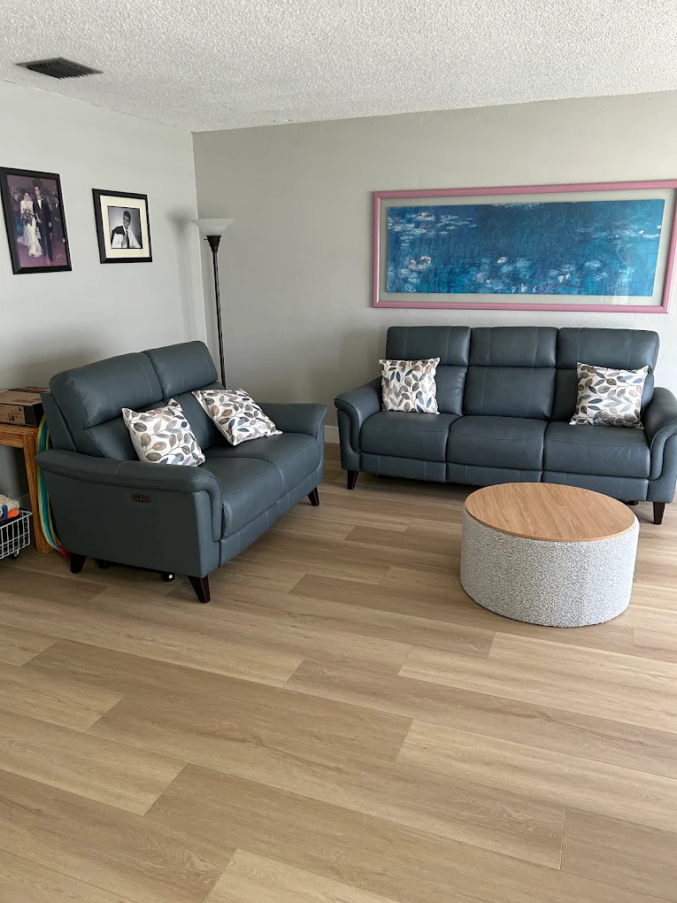 Light plank flooring installed by Ozzifloors in a living room with two leather sofas