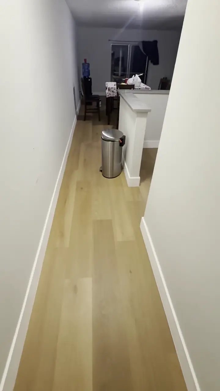 Petrified Oak vinyl plank from the Blue Armor line, installed by Ozzifloors down a narrow hallway into a kitchen